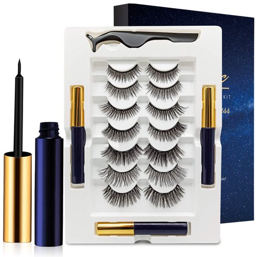 Magnetic Eyelashes with Eyeliner Kit - DUOERLA Magnetic Lashes with Eyeliner Natural Looking - 3 Tubes Magnetic Eyeliner and Lashes Kit, 7 Pairs 3D Reusable 5 Magnet False Eyelashes Easy to Apply.
