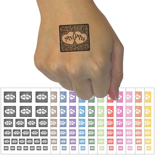 Mr & Mrs Intertwined Hearts With Flower Background Wedding Temporary Tattoo Water Resistant Fake Body Art Set Collection - Dark Green (One Sheet)