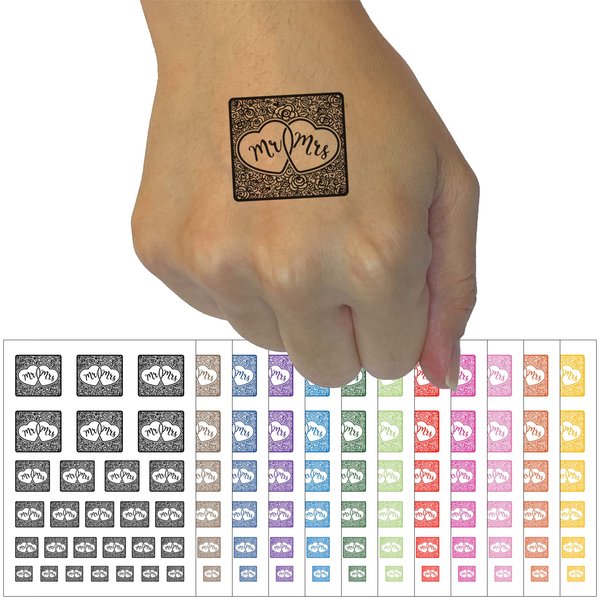 Mr & Mrs Intertwined Hearts With Flower Background Wedding Temporary Tattoo Water Resistant Fake Body Art Set Collection - Dark Green (One Sheet)