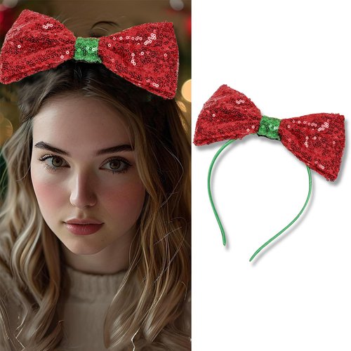 Christmas Bow Headband Sparkly Sequin Bow Hair Band Red Huge Bowknot Hair Hoop Cute Holiday Headdress Christmas Hair Accessory for Women Girls Happy New Years Head Decoration