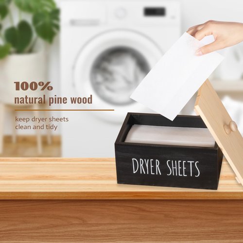 zoocatia Laundry Room Decor Dryer Sheet Container Wood Detergent Dispenser Holder Organization and Storage Box with Lid for Dryer Balls, Laundry Pods, Black