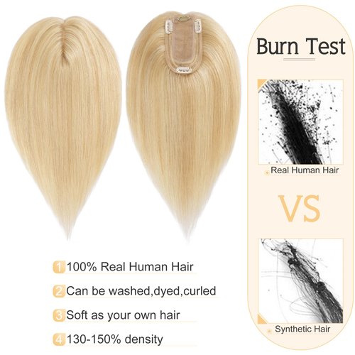 SEGO Human Hair Toppers for Women With Thinning Hair 7 * 13CM Silk Base 100% Real Human Hair Clip in Top Wiglet Hair Pieces /6 Inch No Bangs Ash Blonde&Bleach Blonde