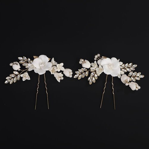BERYUAN White Flower Leaf Rhinestone Pearls Hair Pins Silver Gold Rose Gold Wedding Hair Pins Crystal Rhinestone Pearls Bridal Headpiece for Wedding Women Girls(2pcs) (gold)