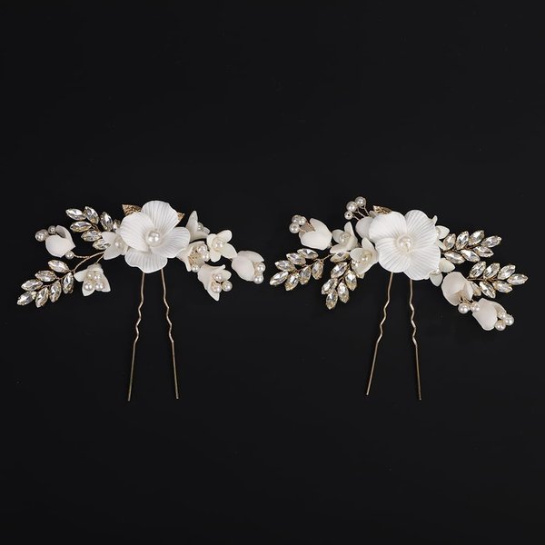 BERYUAN White Flower Leaf Rhinestone Pearls Hair Pins Silver Gold Rose Gold Wedding Hair Pins Crystal Rhinestone Pearls Bridal Headpiece for Wedding Women Girls(2pcs) (gold)