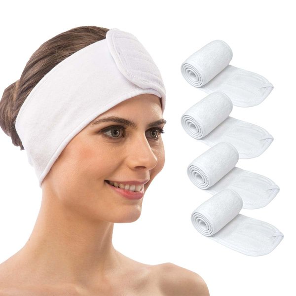 APPEARUS Spa Facial Headband Head Wrap Terry Cloth Headbands Stretch Towel with Closure for Bath, Makeup and Sport (4 Count/White)