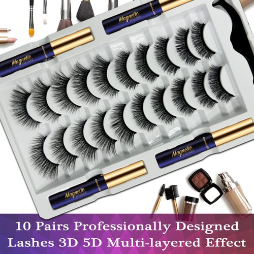 AkesuLash 3D Magnetic Eyelashes with Eyeliner Kit- 10 Pairs Magnetic Lashes Kit with Applicator,Updated 4 Tubes of Magnetic Liner & Natural Look, Reusable, Easy to Apply