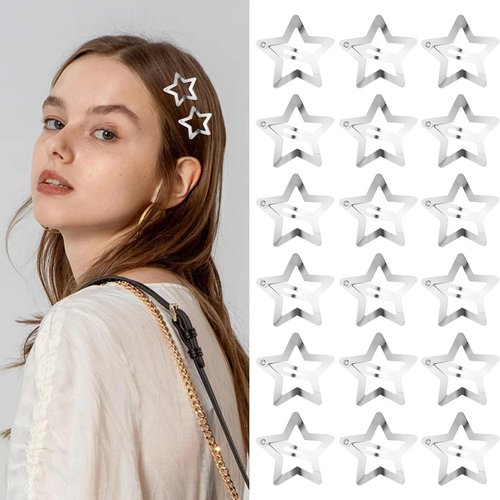 AUAUY 50 Pcs Star Hair Clips, Y2K Silver Star Snap Hair Clips, Non-slip Metal Snap Barrettes, Hollow Star Hair Clips, Smooth and Frosted Hairpin Set Vintage Punk Hair Accessories for Women and Girls