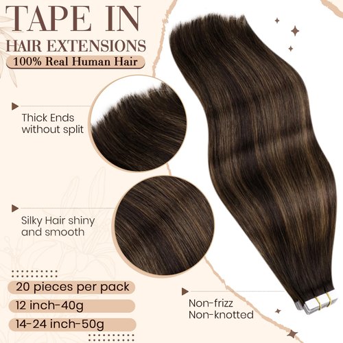 Hetto Tape in Hair Extensions Human Hair Double Sided Tape in Hair Extensions #2/8/2 Darkest Brown Ombre to Light Brown Human Hair Tape in Extensions 14 Inch 20pcs 50g