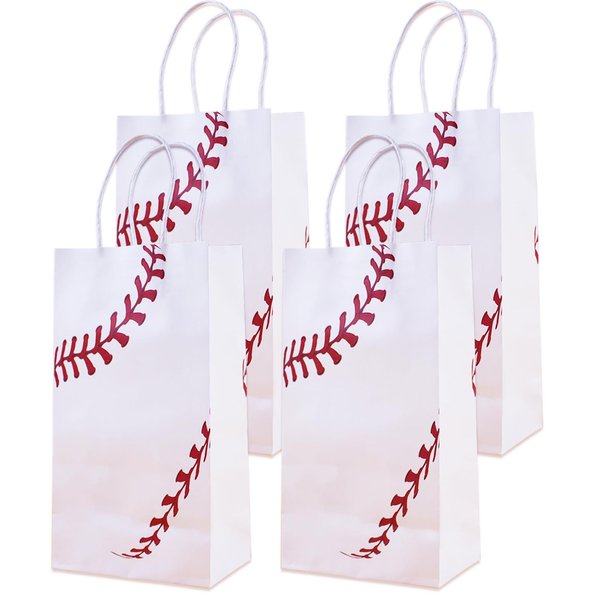 16 Pcs Baseball Gift Bags with Handles Baseball Party Favor Bags Baseball Party Candy Bags for Kids Sports Theme Birthday Party Baseball Birthday Party Favors Supplies Sports Party Decoration, white