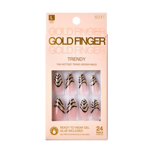 GoldFinger Trendy False Nails Kit, Long Almond Shape Design Nail, Elegant Nude Stripes Print, Ready to Wear Gel & Manicure Stick included, Long-Lasting Convenient & Easy to Apply