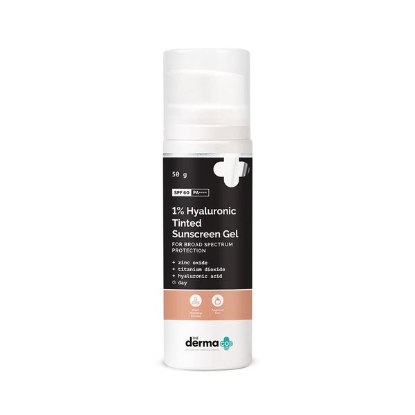 The Derma Co 1% Hyaluronic Tinted Sunscreen Gel with SPF 60 & PA++++ | Broad Spectrum Protection with Natural Tint | Suits Oily to Sensitive Skin | 1.76 Oz/50g