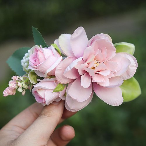 Fangsen Silver Boho Pink Rose Bud Floral Hair Comb Wedding Hair Accessories Floral Hair Piece Bridesmaid Hair Barrette Prom Flower Girl
