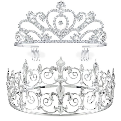 King Crown 2 Pcs Royal King Crown Metal Crystal Tiara Crown for Men Women Bridegroom Bride Princess for Wedding Halloween (Heart Style)