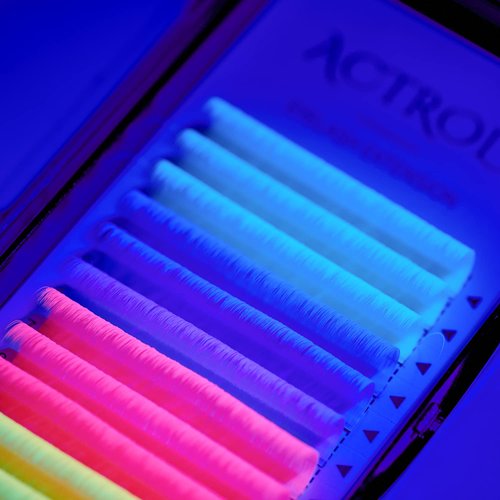 Colored Neon UV Eyelash Extensions Colorful Fluoresent Lash Extensions Easy Fan 17mm 0.07D Curl Glow under UV Light Lash Blue Yellow Purple Pink Multi-colored Mixed