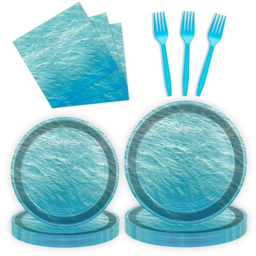 96 Pcs Ocean Sea Plates and Napkins Party Supplies, Disposable Forks Paper Dessert Tableware Decorations Birthday Table Dinnerware Favors Set, Serves 24