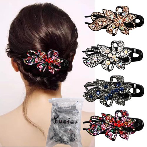Yusier 4pcs Sparkling Rhinestone Duckbill Clips Decorative Hair Clips for Fine Hair Bling Crystal Prom Barrettes Diamond Hair Clips with Flower Hair Accessory (Floral)