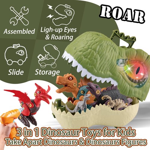 DIY Dinosaur Toys Gifts for Kids 3-5-7, 12 Realistic Dinosaurs Figures & 3 Sets Take Apart STEM Construction Building Toys with Electric Drill,Xmas Stocking Stuffer Toys for 3 4 5+ Year Old Boy Girl
