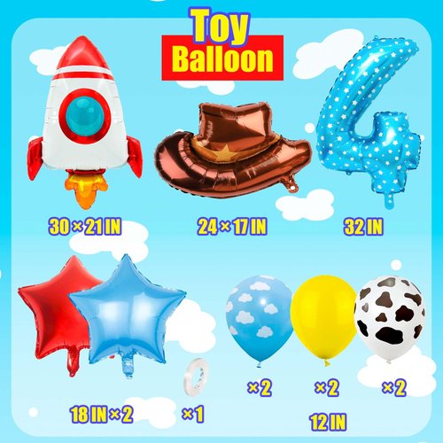 Toy Themed Number 4 Balloons, Happy Birthday Balloon, Colorful Balloons with Rocket Balloon and Cowboy Hat Balloon, Rainbow Balloons for Kids Birthday Party (4)