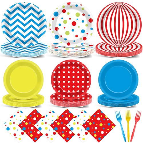 Justforjoyful 96Pcs Carnival Party Supplies Circus Theme Plates Napkins Tableware Set Red Blue Carnival Party Decorations Dinnerware for Kids Birthday Baby Shower Circus Party Favors Serves 24 Guests