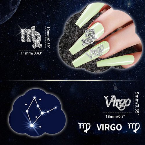 XEAOHESY 20 Pieces Silver Alloy Virgo Zodiac Nail Charms 10pcs Virgo Symbols Sign Charms for Nails 10pcs Virgo Words Nail Charms for Women Nail Art Decoration