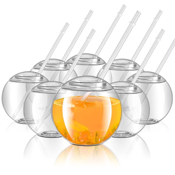 8 Pieces Fish Bowls for Drinks with Lids and Straws 22 oz Fishbowl Cups Clear Plastic Fish Bowls Reusable Fish Bowl Drink Cups Spherical Drinking Party Glasses for Drinking Party Supplies Table Decor