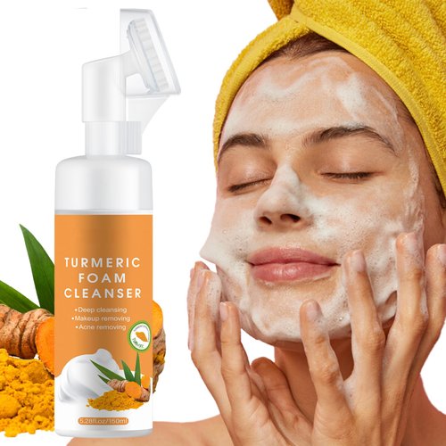Turmeric Face Wash With Brush for Women and Men, Organic Turmeric Foaming Facial Cleanser with Nature Aloe Vera Extracts, Gentle Face Cleanser for Deep Cleansing, Makeup Remove And Acne Improve