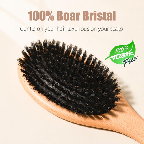 Boar Bristle Hair Brush - 100% Soft Natural Bristle Brush for Women Men Restore Shine and Fine - Wooden Comb with Plastic Brush for Short Thin Dry Hair