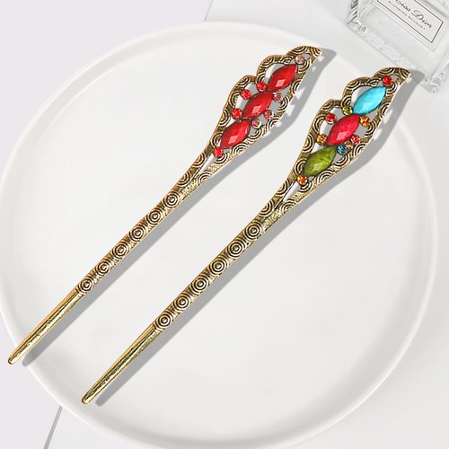 YFKEJI 2 PCS Vintage Rhinestone Hair Sticks, Hair Chinese Chopsticks Antique Retro Hair Fork for Women, Traditional Cheongsam Hair Pins, Chignon Pins Elegant Ethnic Style, Red & Colorful(B#)