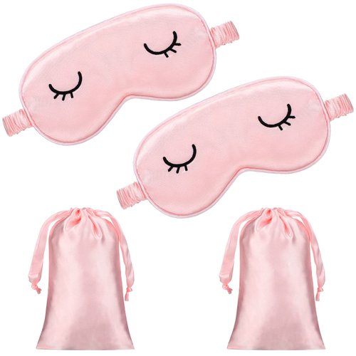 2 Pieces Cute Sleep Eye Masks for Kids Silk Sleep Eye Cover Cute Lightweight Adjustable Eyeshade Mask Satin Night Eyeshade Covers with 2 Pieces Storage Bag(Over 12 Years,Pink)