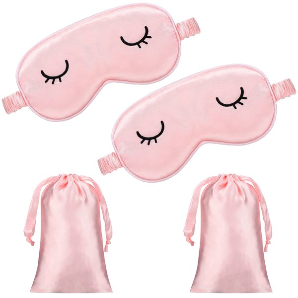 2 Pieces Cute Sleep Eye Masks for Kids Silk Sleep Eye Cover Cute Lightweight Adjustable Eyeshade Mask Satin Night Eyeshade Covers with 2 Pieces Storage Bag(Over 12 Years,Pink)