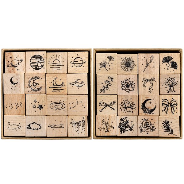 Hacaroa 32 Pieces Wooden Rubber Stamp Set, Moon Star Botanical Decorative Wood Stamps for Journal, Diary, Scrapbook, Planner, Letter, DIY Craft, Card Making