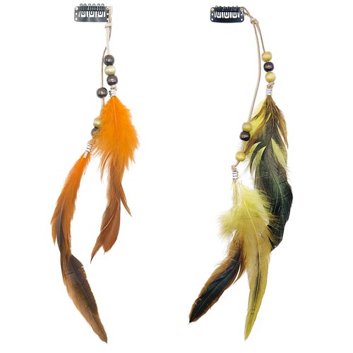 2 Pcs Halloween Women Feather Hair Clips, 13 Inch Handmade Bohemian Hippie Hair Clip Comb, Native Tribal Feather Clips Headdress for Photography, Festival, Costume, DIY Present (Gold + Orange)