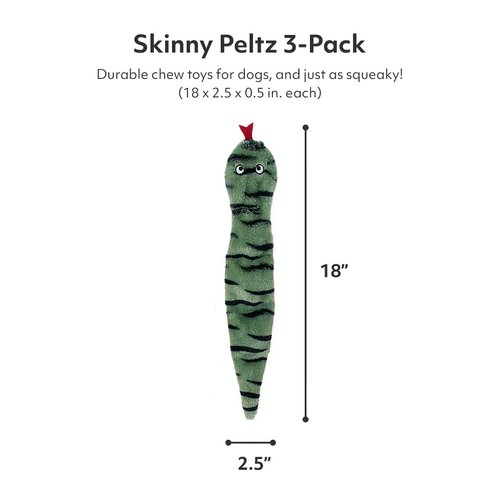 ZippyPaws Skinny Peltz - 3 Multicolored Snakes - No Stuffing Squeaky Dog Toys, Unstuffed Chew Toy for Small & Medium Breeds, Bulk Multi-Pack of 3 Soft Plush Dog Toys, Flat No Stuffing Puppy Toys - 18"