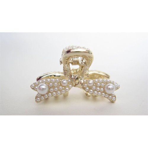 Generic Small bow ribbon pearl and gold metal hair claw clip bridal clip