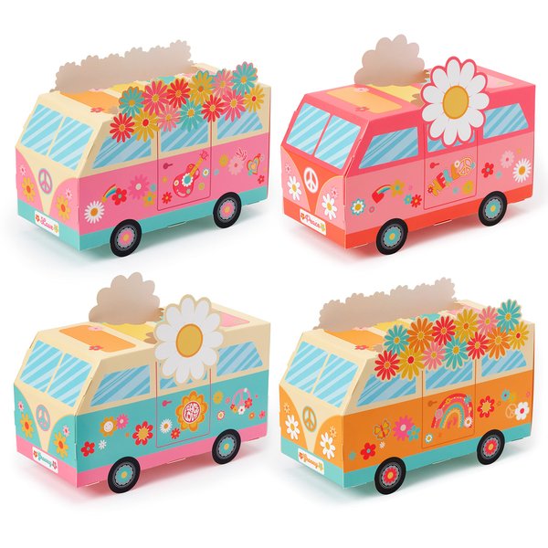 ANGOLIO 12Pcs Groovy Party Favor Boxes Groovy Hippie Peace Bus Centerpiece Birthday Party Decorations Peace Signs Daisies Rainbows For Baby Girls Kids Boho Hippie Birthday Party Supplies