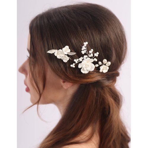 BERYUAN Wedding Flower Pearls Hair Pins Silver Wedding Hair Pins Elegant Pearls Flower Wedding Headpiece Bridal Hair Piece for Wedding Silver Wedding Hair Accessories for Women Girls(3pcs)