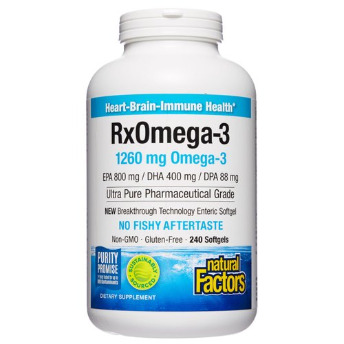 Natural Factors, RxOmega-3 Fish Oil, Pharmaceutical Grade, 1260 mg Omega-3 Per Serving, No Fishy Aftertaste, 240 Count (Pack of 1)