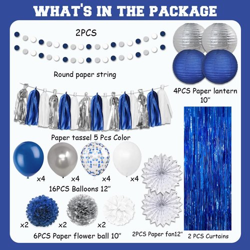 Navy Blue White Silver Party Decorations,46pcs Kit Blue White Silver Balloon Paper Pompom Tassel Garland Men Wedding Baby Bridal Shower Birthday Decor