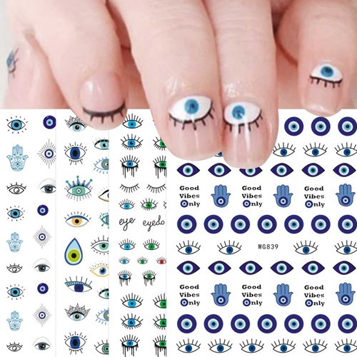 Evil Eye Nail Art Stickers Decals 7 Sheets Self Adhesive Pegatinas Uñas Turkish Blue Eye Hamsa Hand Eye of Fatima Cartoon Charms Design Manicure Tips Nail Decoration for Women Girls Gift