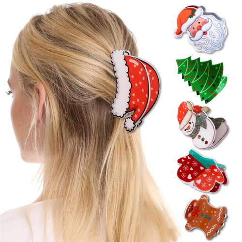 6 PCS Christmas Hair Clips for Women Girls Christmas Tree Santa Claus Gingerbread Man Christmas Hair Accessories Xmas Cosplay Party Theme Styling Hair Claw Clips