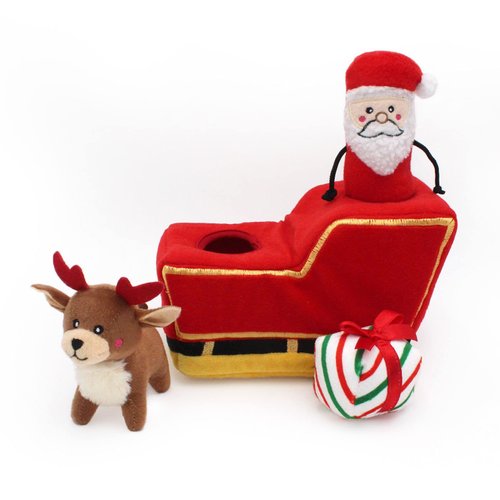 ZippyPaws Burrow Christmas Dog Toy - Plush Squeaky Holiday Dog Gifts for Small & Medium Puppy Dogs, Interactive Hide & Seek Stocking Stuffers for Pets - Santa's Sleigh with Reindeer