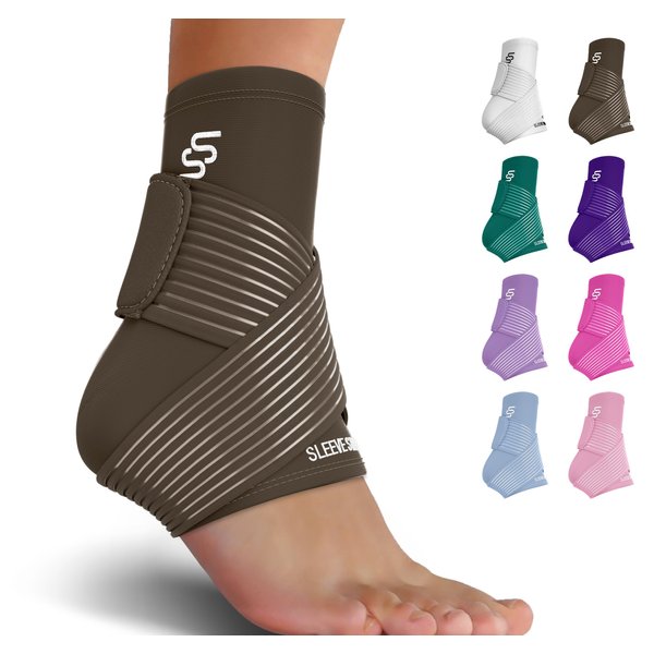 Sleeve Stars Ankle Brace for Sprained Ankle, Plantar Fasciitis Relief Ankle Support for Women, Ankle Compression Sleeve w/ Strap (Pair/Dark Brown)