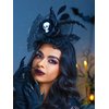 Urieo Gothic Skull Headband Halloween Witch Hat Headbands Black Big Bow Hairband with Feather Cosplay Dress Up Masquerade for Women