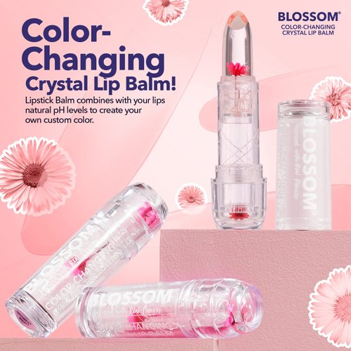 Blossom Moisturizing Custom Color Changing Crystal Lip Balm, Strawberry Scented, Lip Stain Tint, Infused with Real Flowers, 3g, Red