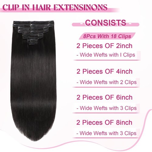 POGINJA Clip in Hair Extensions Real Human Hair, 20 Inch Remy Human Hair Clip in Extensions for Black Women, Invisible Natural Straight Seamless Clip ins Hair Extensions 8pcs Double Weft #1B 100g