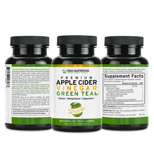 Trio Apple Cider Vinegar Capsules with Green Tea | Maximum Strength Immune Support Booster Formula | Raw & Fresh Natural Apple Cider Vinegar Pills for Cleanse | Detox Boost | Keto & Metabolism Support