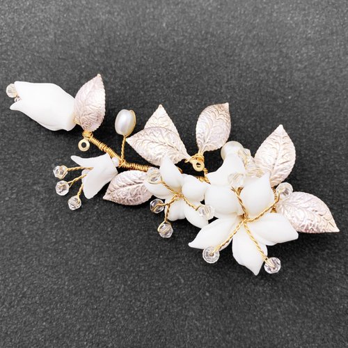 PRETTYLIFE Flower Bridal Hair Clips Pearl Leaf White Ceramic Floral Wedding Hair Pieces with Clip...