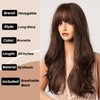 Honygebia Dark Brown Wig with Bangs - Long Wavy Brunette Wigs for Women, Chocolate Brown Synthetic Heat Resistant Hair, Natural Looking Long Brown Wig - Best Wigs for Halloween/Christmas/Party