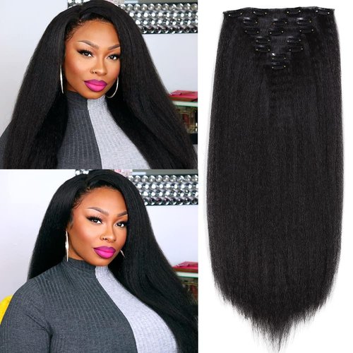 FANCEE Kinky Straight Clip in Hair Extensions for Black Women Full Head Yaki Straight Clip Ins Synthetic Hair Extensions (22 inch, Black)