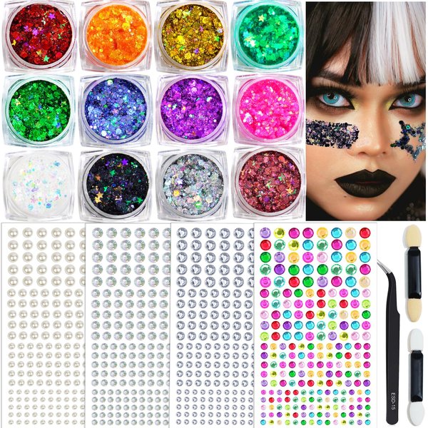 Face Hair Body Glitter Gel & Hair Face Gems Jewels Pearls Stick on for Face Body Hair Eyes & Tweezers, Self Adhesive Hair Face Jewels Rhinestones & Body Face Glitter Gel for Festival Makeup
